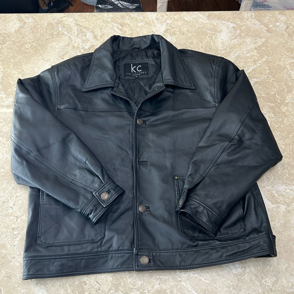 KC Collections Black Leather Coat Preowned